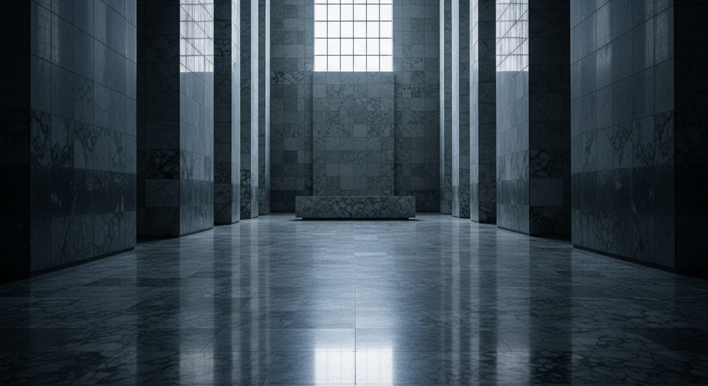 A vast empty marble lobby with an unmarked reception desk