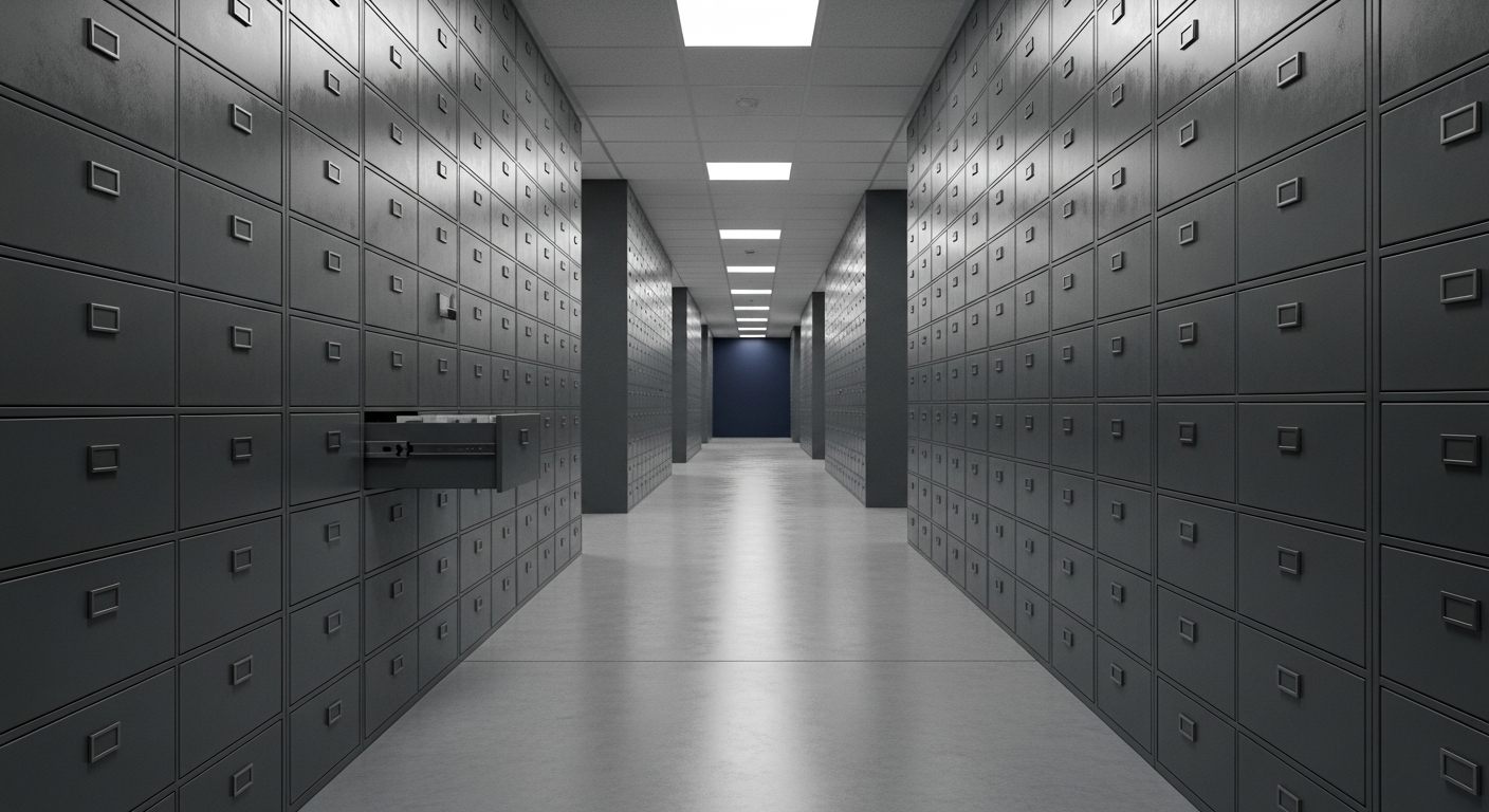 A long corridor of grey filing cabinets in a records archive