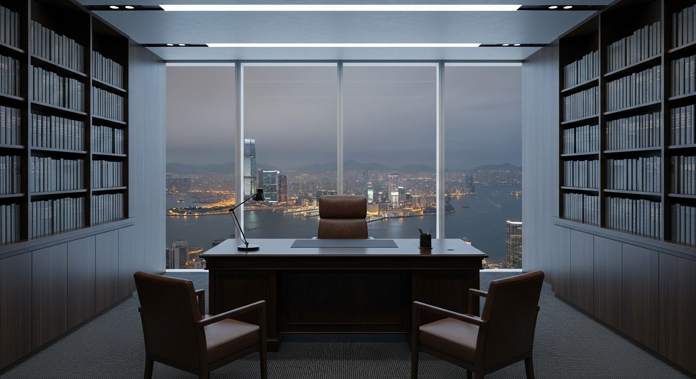 A law firm office high above a harbour city at night