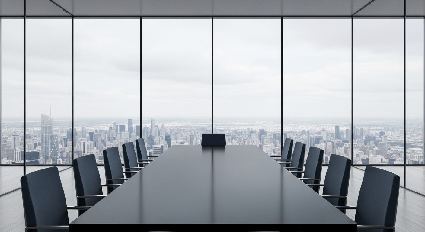 An empty glass-walled conference room in a corporate tower at dusk