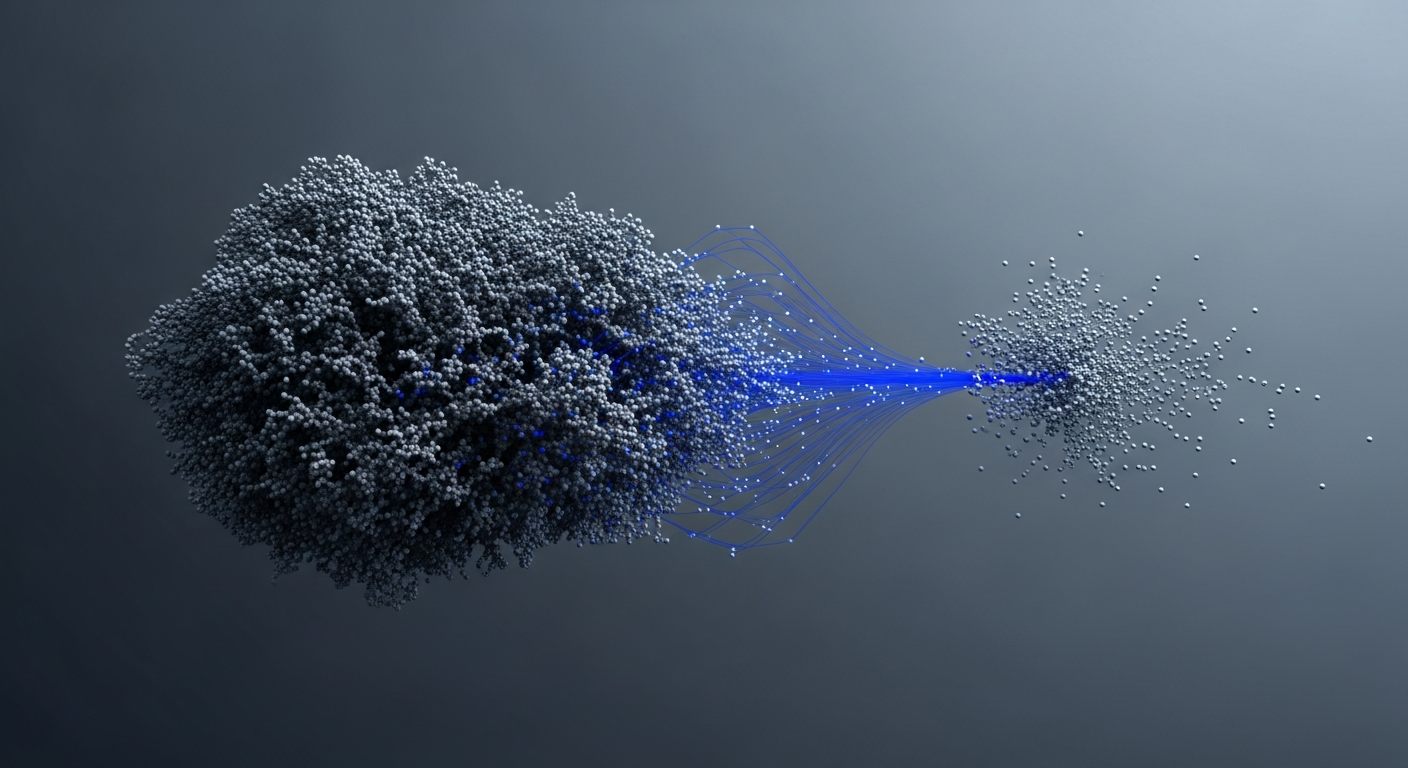 Abstract illustration of a dense point cloud transferring to a sparse one