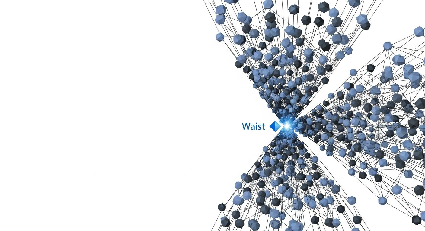 Abstract network converging through a narrow waist and expanding again